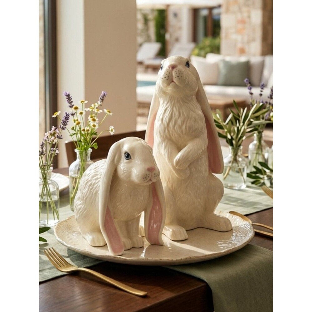 White Ceramic French Country Lop Earred Bunny Figurine Set with